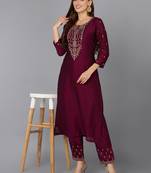 burgundy solid silk blend fancy kurta with trouser set