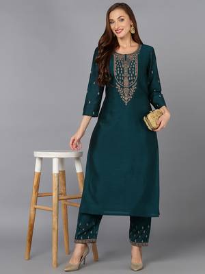 green solid silk blend fancy kurta with trouser set 1