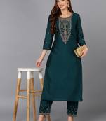 green solid silk blend fancy kurta with trouser set