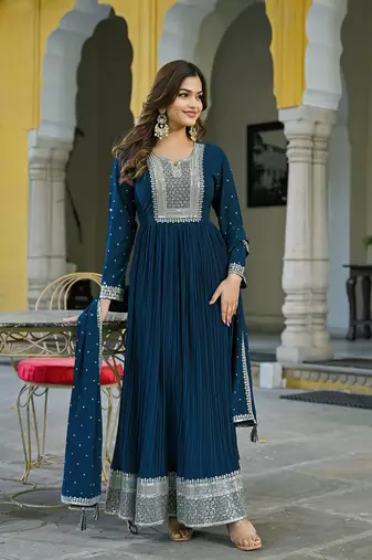 teal solid georgette fancy kurta with dupatta set