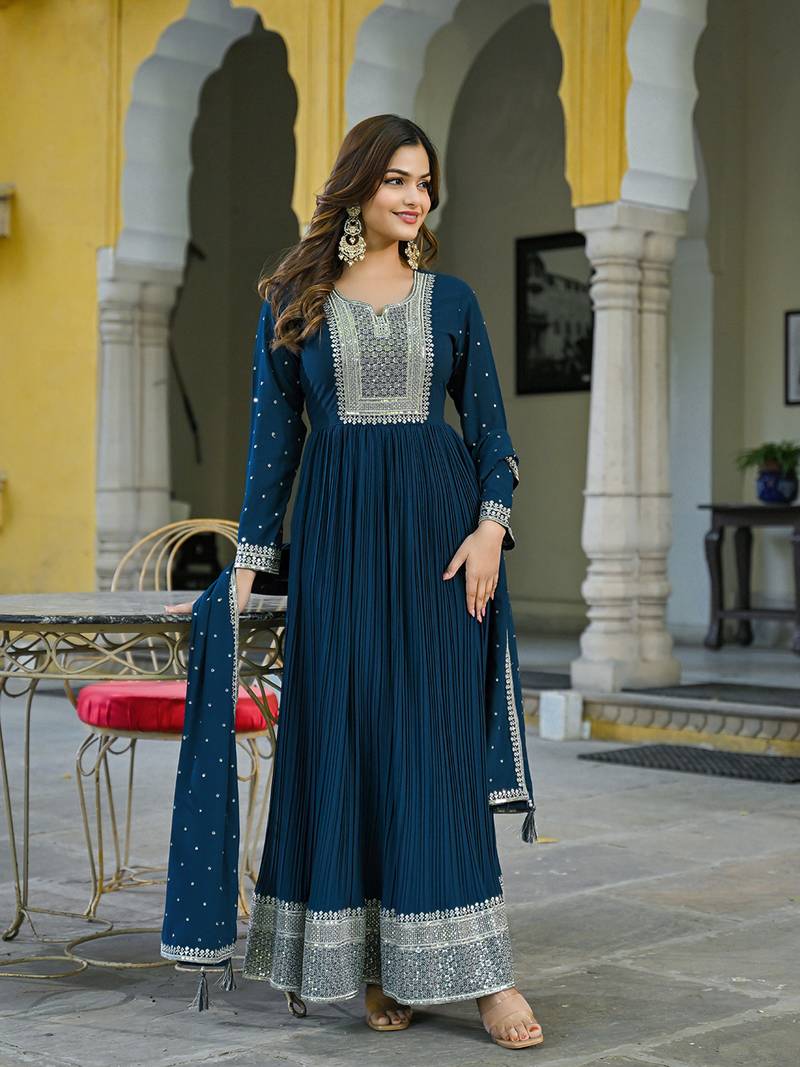 teal solid georgette fancy kurta with dupatta set