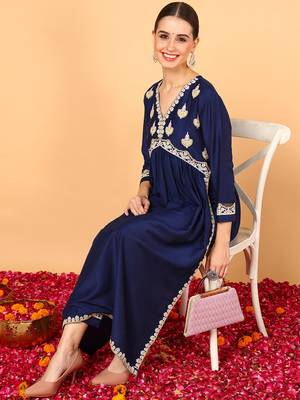 navy blue solid silk blend fancy kurta with trouser set 7