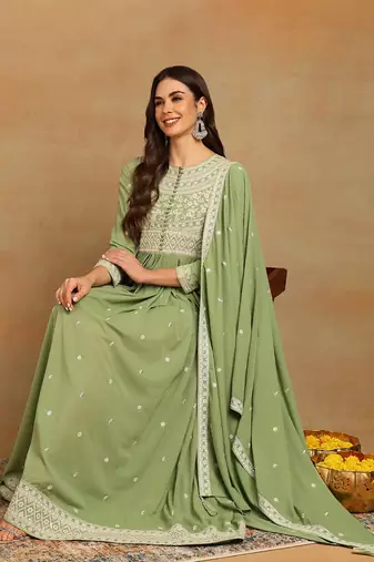 green embroidered fancy kurta with dupatta set