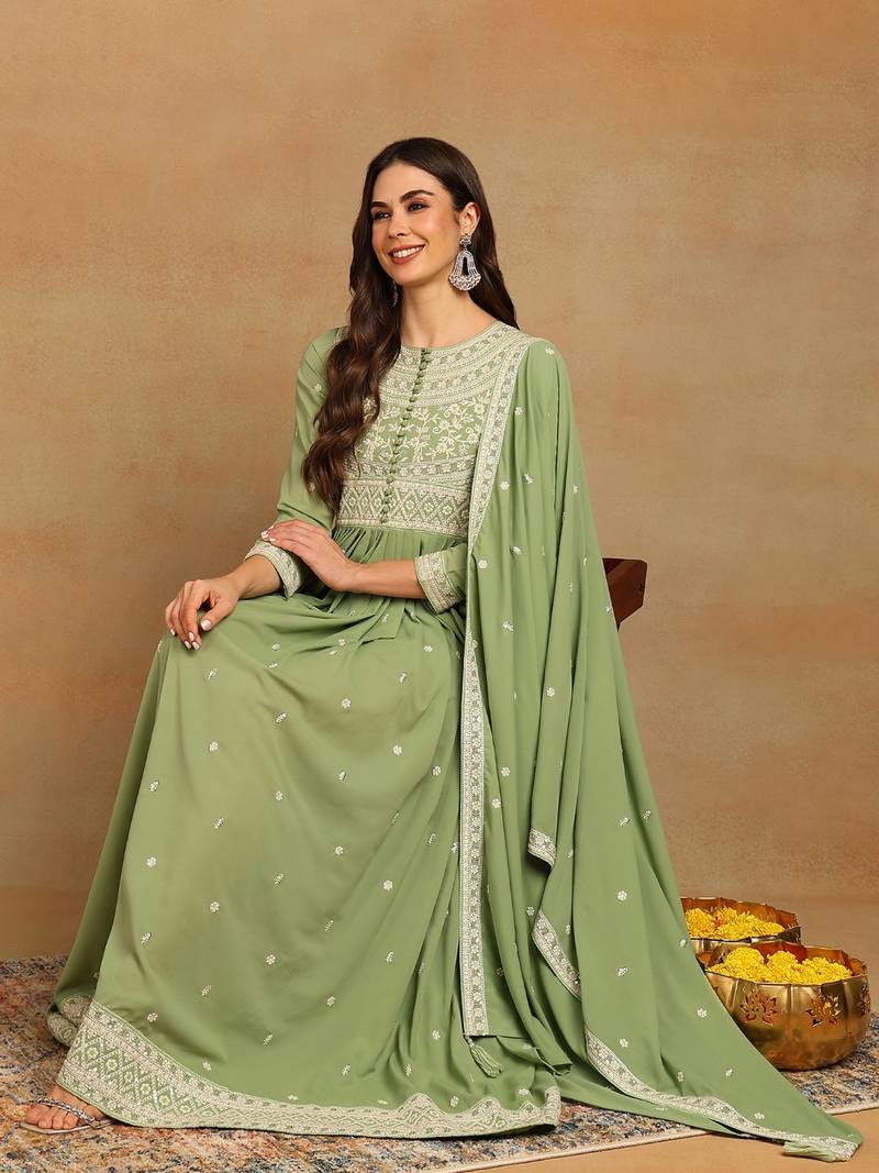 green embroidered fancy kurta with dupatta set