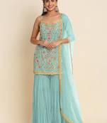 AQUA BLUE GEORGETTE EMBROIDERED PUNJABI SUITS SEMI STITCHED