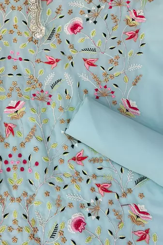 AQUA BLUE GEORGETTE EMBROIDERED PUNJABI SUITS SEMI STITCHED