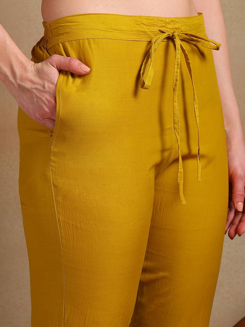 yellow solid silk blend fancy kurta with trouser set