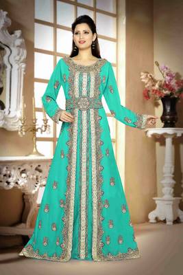 Sea-Green color Handmade Moroccan Kaftan with hijjab 1