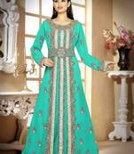 Sea-Green color luxurious Handmade Moroccan Kaftan with hijjab