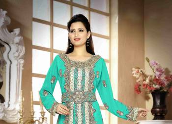 Sea-Green color Handmade Moroccan Kaftan with hijjab 2