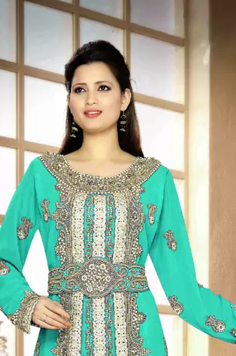 Sea-Green color Handmade Moroccan Kaftan with hijjab