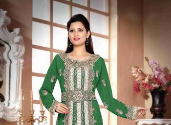 Dark-Green color Handmade Moroccan Kaftan with hijjab 2