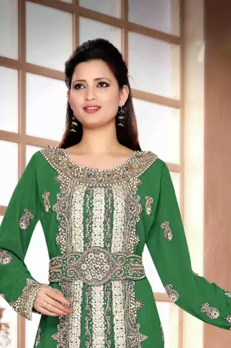 Dark-Green color Handmade Moroccan Kaftan with hijjab