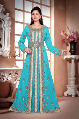 Cyan color Handmade Moroccan Kaftan with hijjab 1