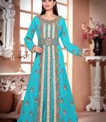 Cyan color luxurious Handmade Moroccan Kaftan with hijjab