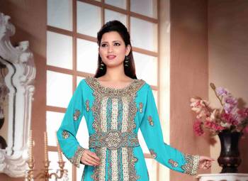 Cyan color Handmade Moroccan Kaftan with hijjab 2