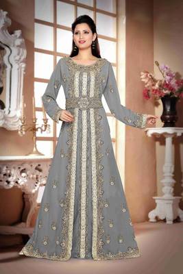 Grey color Handmade Moroccan Kaftan with hijjab 1