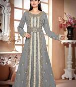 Grey color luxurious Handmade Moroccan Kaftan with hijjab