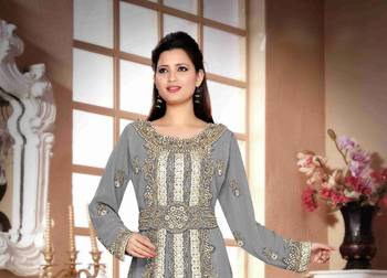 Grey color Handmade Moroccan Kaftan with hijjab 2