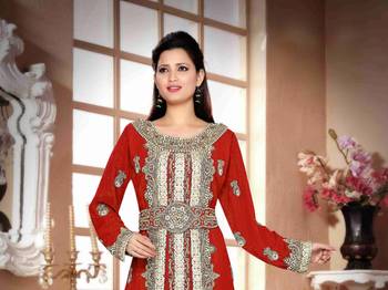 Maroon color Handmade Moroccan Kaftan with hijjab 2