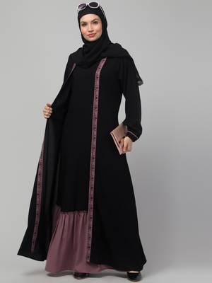 Black and Pink Party Wear Abaya shrug with belt 1