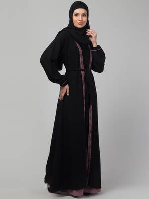 Black and Pink Party Wear Abaya shrug with belt 2