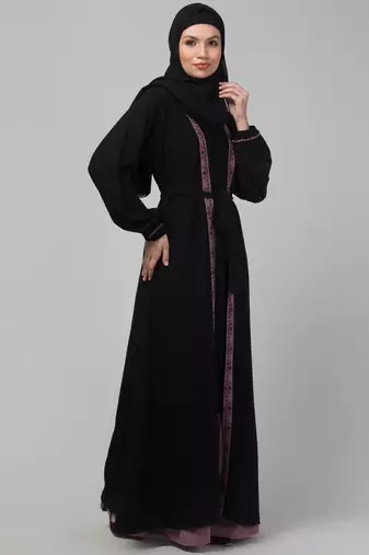 Black and Pink Party Wear Abaya shrug with belt