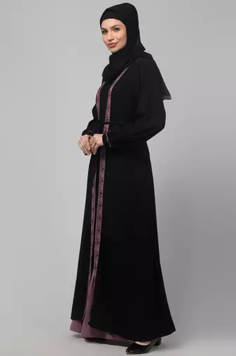 Black and Pink Party Wear Abaya shrug with belt