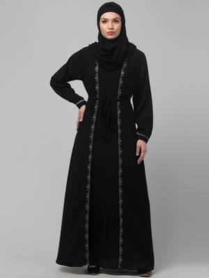 Women stylish traditional embroidered Muslim wear abaya shrug with belt black 1