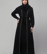 Women stylish traditional embroidered Muslim wear abaya shrug with belt black