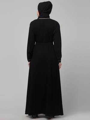 Women stylish traditional embroidered Muslim wear abaya shrug with belt black 2