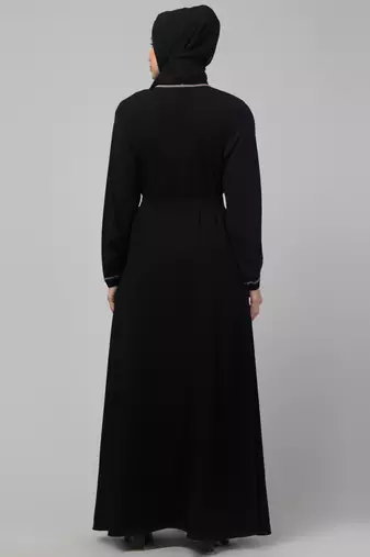 Women stylish traditional embroidered Muslim wear abaya shrug with belt black