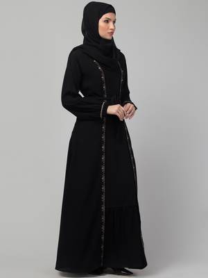 Women stylish traditional embroidered Muslim wear abaya shrug with belt black 3