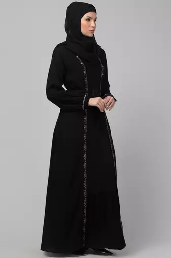 Women stylish traditional embroidered Muslim wear abaya shrug with belt black