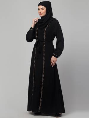 Women stylish traditional embroidered Muslim wear abaya shrug with belt black 4