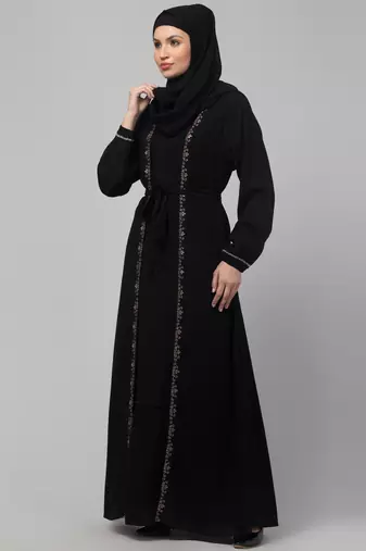 Women stylish traditional embroidered Muslim wear abaya shrug with belt black