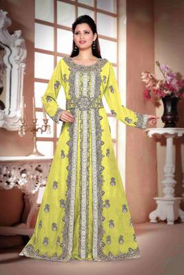Yellow color Handmade Moroccan Kaftan with hijjab 1
