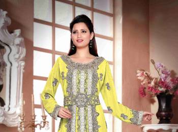 Yellow color Handmade Moroccan Kaftan with hijjab 2