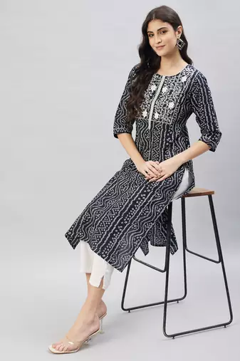 Winered women  black bandhani cotton straight kurta