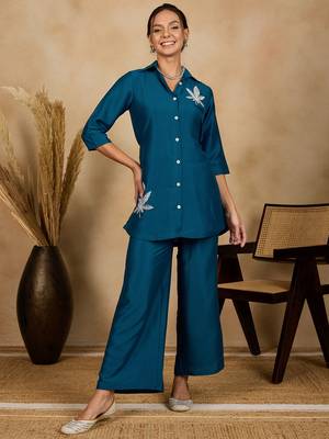 Winered woman solid blue leaf embroidery co-ord set 1