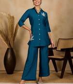Winered woman solid blue leaf embroidery co-ord set