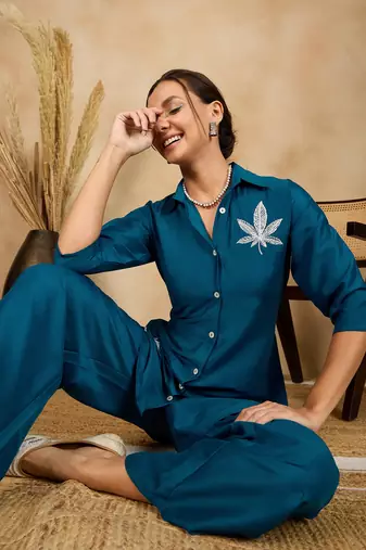 Winered woman solid blue leaf embroidery co-ord set