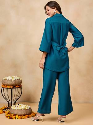 Winered woman solid blue flower embroidery co-ord set 6