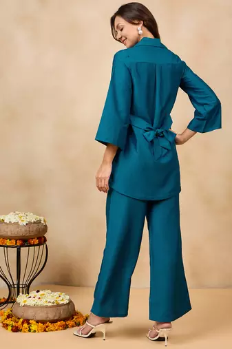 Winered woman solid blue flower embroidery co-ord set