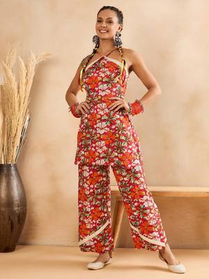 Winered woman pink rayon floral print alter neck co-ord set 1