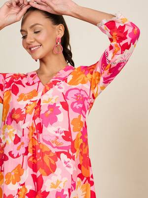 Winered woman pink floral print scalloped aymmetric hem co-ord set 5