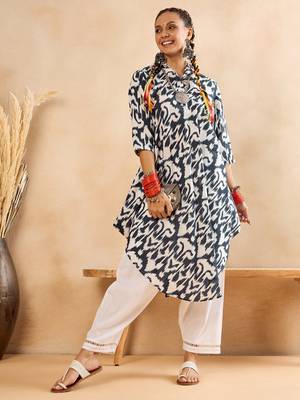 White blue ikat print oversized tunic and pant co-ord set 1
