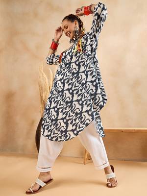 White blue ikat print oversized tunic and pant co-ord set 3