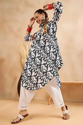White blue ikat print oversized tunic and pant co-ord set
