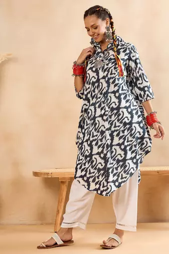 White blue ikat print oversized tunic and pant co-ord set